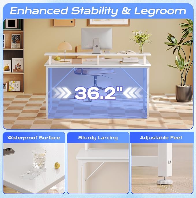 40 inch Gaming Desk, LED & Outlets, Monitor Stand, Rustic Brown | Sturdy PC Desk for Home Office, Study & Work, LED Lights, 4 AC Outlets & USB-C Charging Station