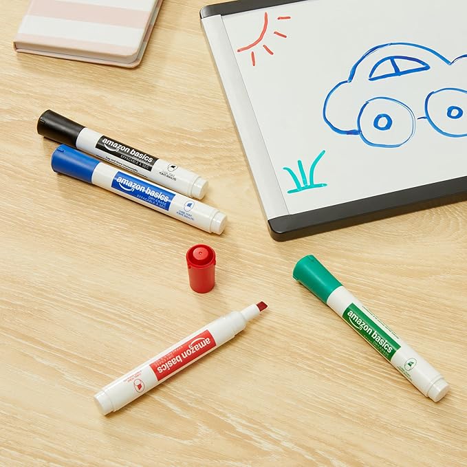 Amazon Basics Low-Odor Dry Erase Whiteboard Markers, Chisel Tip, Quick-Dry, 4 Assorted Colors, 36-Pack