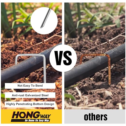 HongWay 60 Pack Landscape Staples 4 Inch, Galvanized Garden Stakes | 12 Gauge Ground Staples Sod Pins Yard Stakes for Landscape Weed Barrier Fabric, Gardening, Lawn, Turf, Irrigation Tube