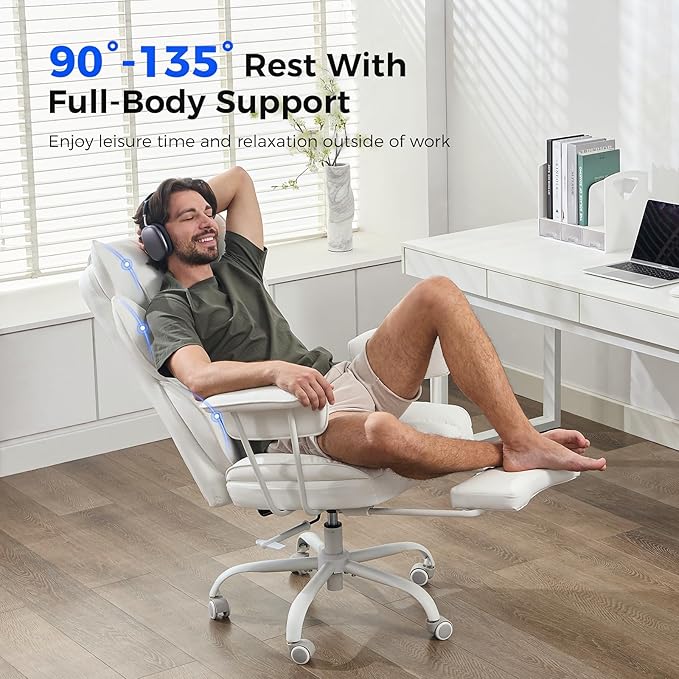 LukkDys Big and Tall Office Chair,High Back Leather Gaming Chair with Footrest,Lumbar Support,Outward Fixed Soft Armrests,Wide Ergonomic Desk Chair (White)