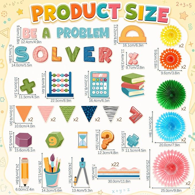 71 Pcs Boho Math Bulletin Board Decorations with Paper Fans 3D Be a Problem Solver Classroom Bulletin Board Math Symbols Cutouts for Back to School Preschool Office Door Wall Decor Supplies