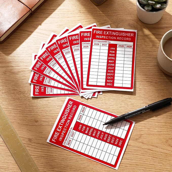 Fire Extinguisher Inspection Record Tags - 3.5" x 5" 2026-2029 Monthly Grid Fire Adhesive Safety Stickers Labels for School Office, and Home, Industrial