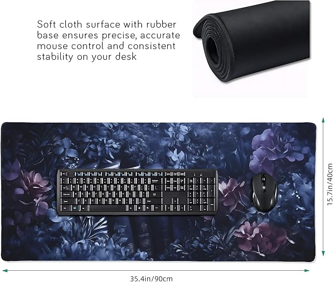 Floral Aesthetic Book Gaming Mouse Pad, Purple Dark Romanticism Desk Mat with Anti-Slip Base & Stitched Edges,35.4" x 15.7" in Table Mat for Computer Desktop, Beautiful Workstation Decor