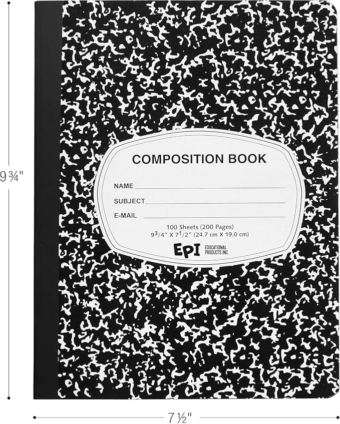 960 Pack (Pallet) EPI Wide Ruled Composition Notebook Bulk, 200 pages (100 Sheets), 9-3/4 x 7-1/2, Black Marble, Bulk School Supplies, Heavy Duty, Durable Office Notebooks, Sturdy Sewn Binding