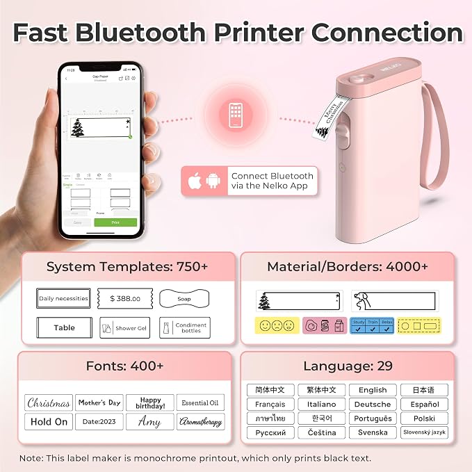 Nelko P21 Label Maker Machine with Tape, Bluetooth Label Printer, Pink | Creative App & Multiple Templates, Inkless Printing, Built-in Cutter, Ideal for School, Teacher Supplies, Office, and Home