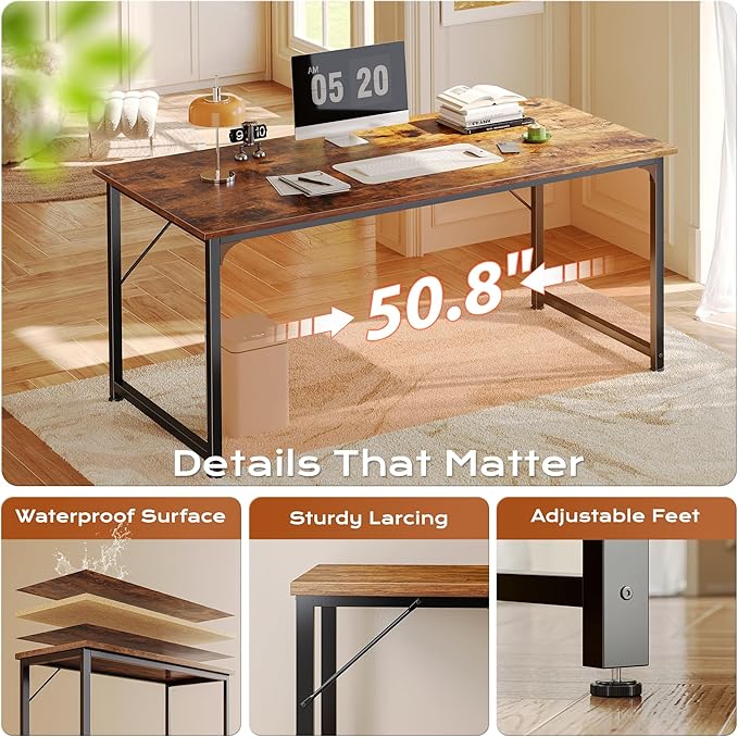 55 X 24 Inch Computer Desk with Deeper Desktop, Gaming Office Writing Work Desk for Home Office, Study, Bedroom, Work from Home, Metal Frame, Rustic Brown