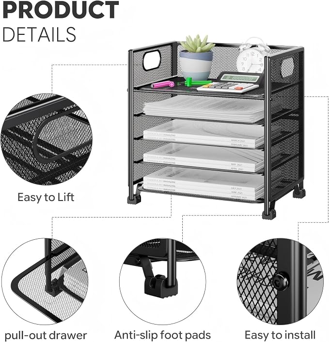 Simple Trending 5-Tier Paper Tray Organizer, File Organizer for Desk, Black | Letter Tray Holder with Handle. Sturdy Metal Frame. Non-slip Feet. Black for Office Home School. 13"L x 9"W x 13"H