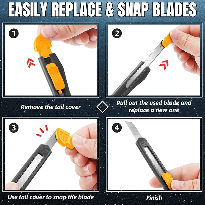 24 Pack Box Cutter Retractable, 9mm Razor Knife, Utility Knife | Snap-off blades, exacto knife and box opener for boxes, cartons, cardboard, paper, vinyl and rope for home, office and school