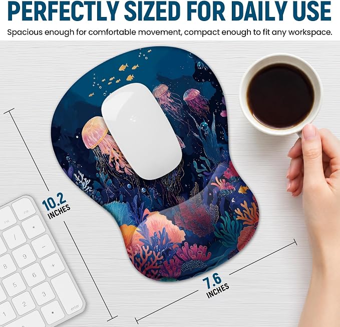 Ergonomic Mouse Pad with Wrist Rest, Gel Wrist Support, Jellyfish | 10.2 x 7.6 in Mouse Pad with Smooth Fabric Surface and Non-Slip Rubber Base for Office, Home, Study, and Gaming