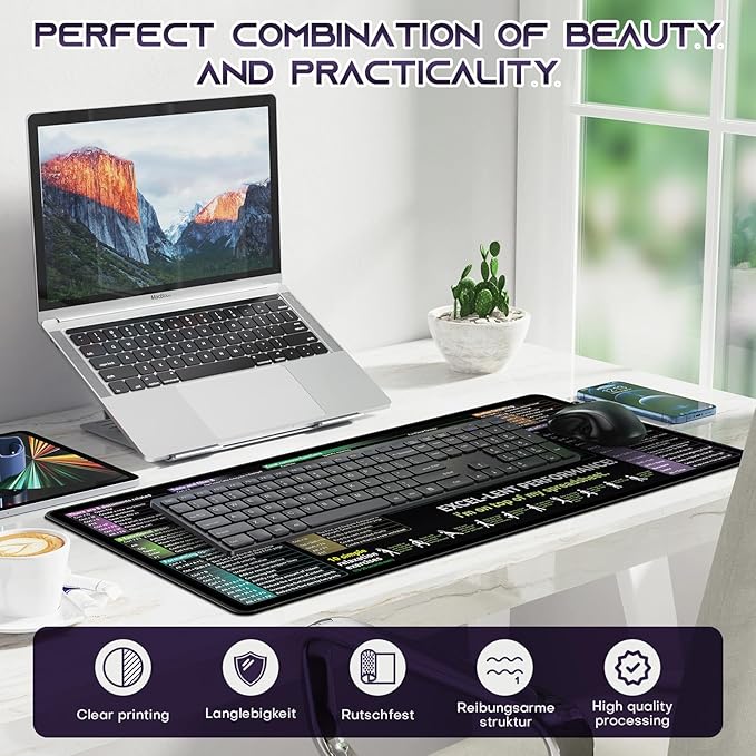 Excel Cheat Sheet Desk pad|excel Mouse pad|Contains Excel Shortcut Keys,Lager Mouse pad for Desk| XL（31.5 * 11.8in） Size|Desk mat for Keyboard and Mouse|Mouse Pads|Waterproof、Anti-Slip、Smooth