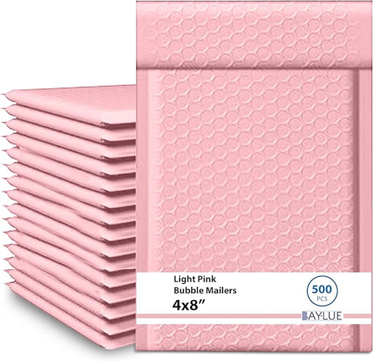Light Pink Small Bubble Mailers 4x8 Inch #000 | Thick Padded Poly Bubble Mailer Envelopes | Trading card sports Card Bubble Envelopes | Mailing Envelopes | Water & Tear Resistant | 500 Pack Bulk
