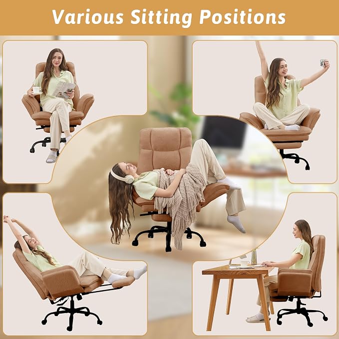 Wider Seat Office Chair with Flip Armrests for Criss Cross Legged&Cats, Big and Tall Executive Ergonomic Reclining Chair with Footrest&Lumbar Pillow, Teddy Fleece Desk Chair,Brown Vanity Chair