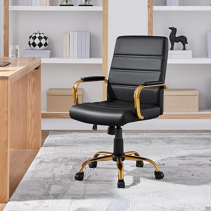 Yaheetech Mid-Back Office Chair PU Leather Desk Chair Adjustable Executive Task Chair w/Lumber Support Gold Leg Black Seat