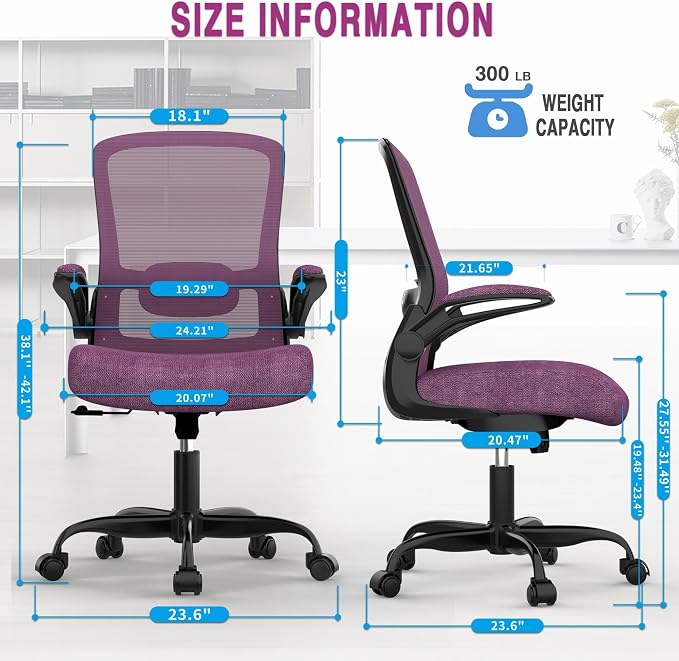 Ergonomic Office Chair w/Adjustable Lumbar, Flip Armrest, 135° Recline | Supports 300 lbs · Seat 19.48"–23.4" · Breathable mesh · 20–30 min assembly · 5-year warranty