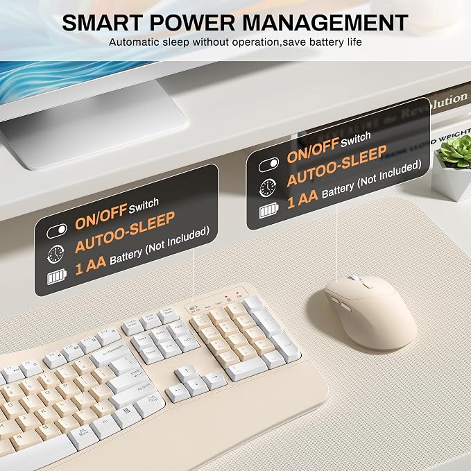 Wireless Keyboard and Mouse Combo,2.4G Ergonomic Wave Keys(Latte Color-A) | Full Size Cordless Keyboard with Wrist Rest,3-Level DPI Ergonomic Mouse for Office and Home,Windows/Mac OS/Desktop/Laptop/PC