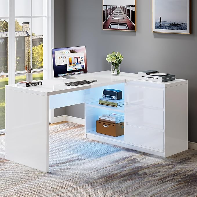 Tribesigns White L-Shaped Computer Desk with 3 Drawers, 55-Inch Modern Gloss Corner Home Office Executive Desk with LED Lights and 2 Storage Shelves for Work Study Writing