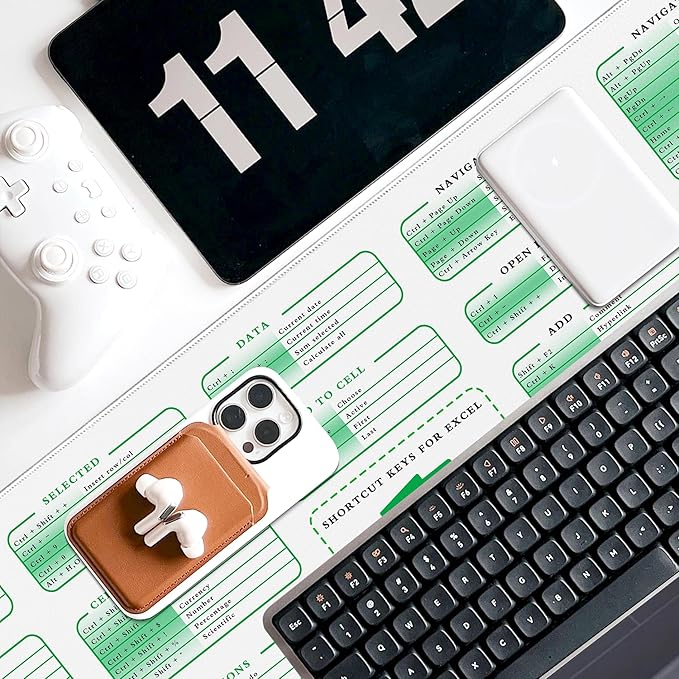 White Excel Cheat Sheet Desk Pad, 31.5"x11.8", Waterproof Extra Large Excel Shortcut Mat with Stitched Edges, Anti-Slip Excel Mouse Pad for Office Desk, MS Excel/Word Shortcuts (White Excel)