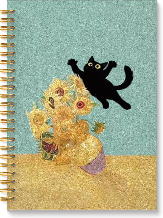 ROXMART Abstract Sunflower Black Cat Spiral Notebook, Cats Lover Gifts Journal, Black Cat Gifts for Women, Whimsical Floral Kitty Kitten Hardcover Notebook Journal, 5.5x8.3 Inch