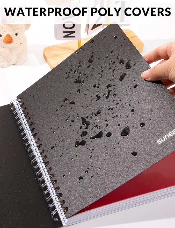 SUNEE Spiral Notebooks for Work with Removable Dividers & Tabs – College Ruled 5 Subject, 300 Pages, 3 Hole Punched, Durable PP Cover, 8"x10.5" – Notebooks for Office or School, Black