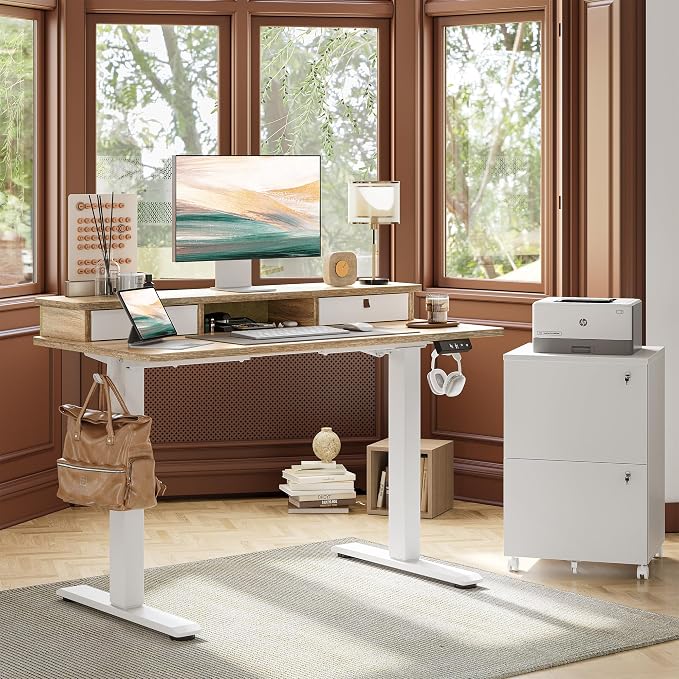 TIQLAB 48 * 24 inch Standing Desk with Two Drawers&Top Shelf, Maple | Smooth Height Adjustment, 2 Memory Presets, One-Touch Control, Stable Steel Frame, 176 lbs Capacity, Easy Assembly