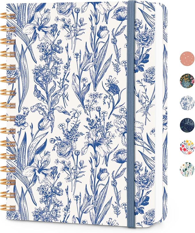 Lined Spiral Journal Notebook, A5 College Ruled Notebook for Journaling, Note-Taking, and Daily Planning, Durable Hardcover with an Elegant Design，Blue Floral