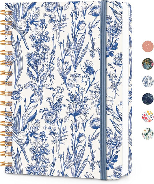 Lined Spiral Journal Notebook, A5 College Ruled Notebook for Journaling, Note-Taking, and Daily Planning, Durable Hardcover with an Elegant Design，Blue Floral