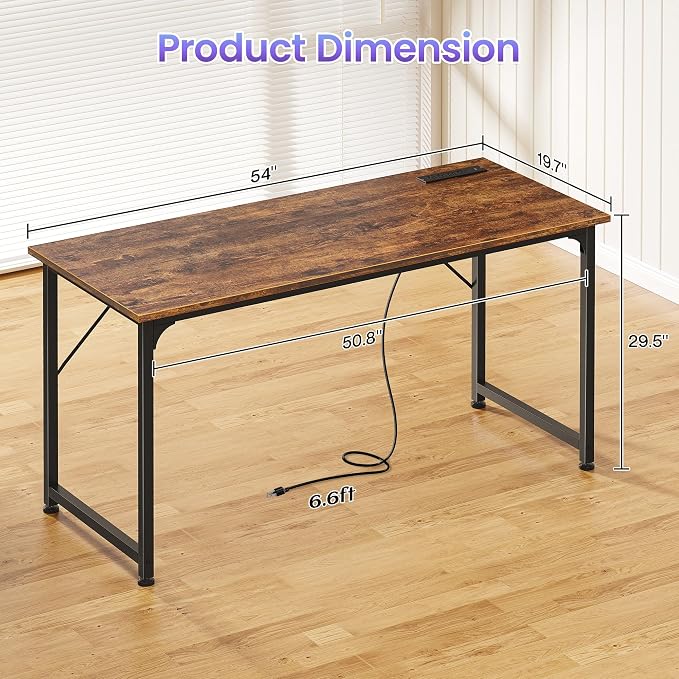 55 X 20 Inch Computer Desk, Power Outlets, USB-C, Rustic Brown | Office Desk with 4 AC Outlets, USB & USB-C, Sturdy Metal Frame, Spacious Desktop for Work, Writing, Study & Gaming