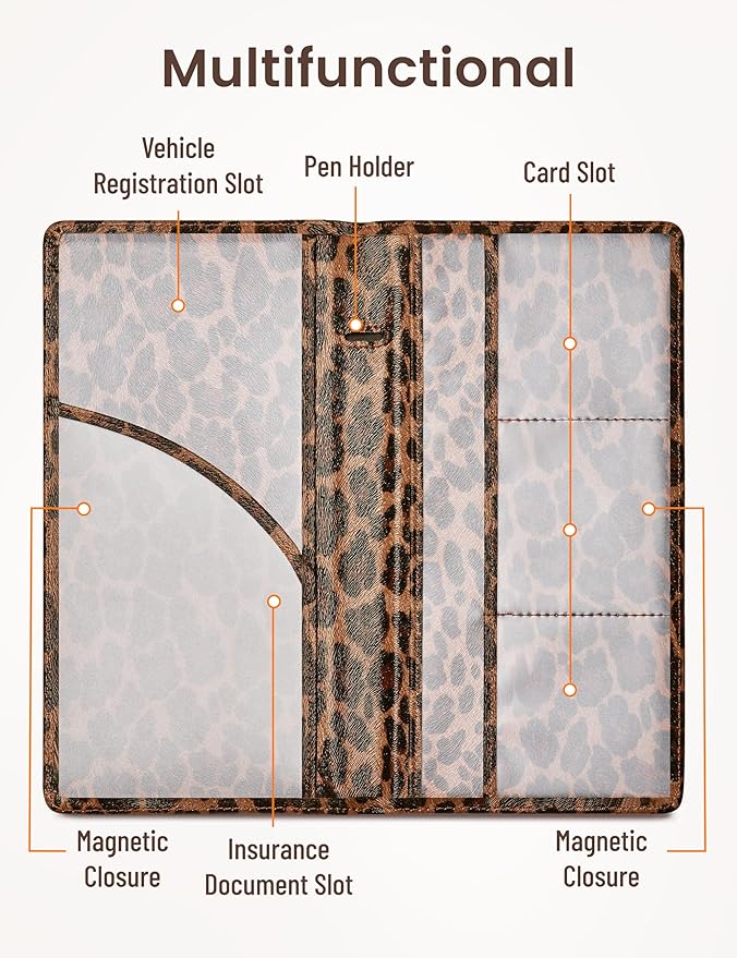 Yarnic Leopard Car Registration and Insurance Holder, Car Document Holder with Magnetic Closure, Car Organizer Vehicle Glove Box Compartment Organizer, Car wallet Case for Teens Men Women