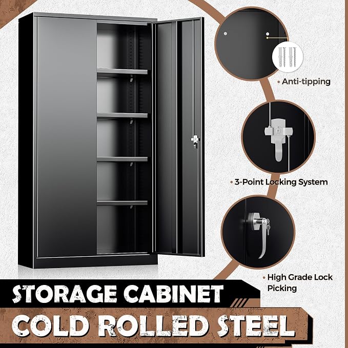 Metal Storage Cabinet, 72” H Storage Cabinet with 2 Doors and 4 Adjustable Shelves for Office, Home, Garage (Assembly Required, Black)