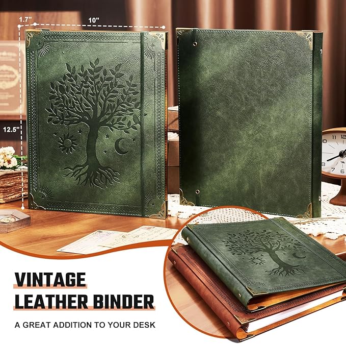 Leather 3 Ring Binder Fits 8.5"x11" Letter Size Paper, 1 Inch Round Ring Binder Holds 200 Sheets, Notebook Cover Loose Leaf Organizer, Green Tree