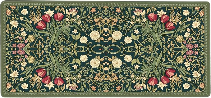 Cute Floral Aesthetic Dahlia Gaming Mouse Pad, Dark Green Rug Desk Mat with Anti-Slip Base & Stitched Edges, Office & Home Desk Decor for Women, 35.4" x 15.7" in Computer Desktop Mat
