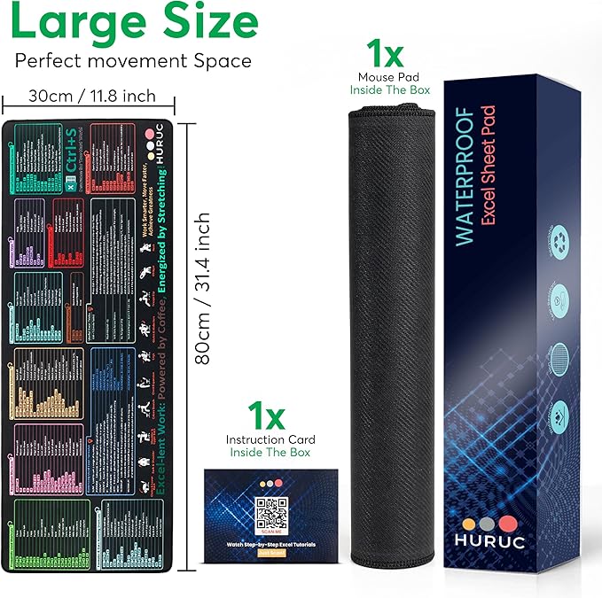 Excel Cheat Sheet Desk Pad – XL Excel Mouse Pad with Shortcut Keys & Formulas | 31.5"x11.8" Waterproof Non-Slip Desk Mat, HD Print, Stitched Edges for Work & Gaming