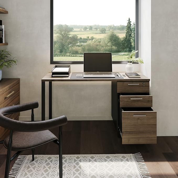 Modern Design Milano Office Computer Desk with 3 Locking Drawers, 48 Inch Walnut and Black Industrial Wood Desk with Filing Drawer and Storage By Crafts and Comfort