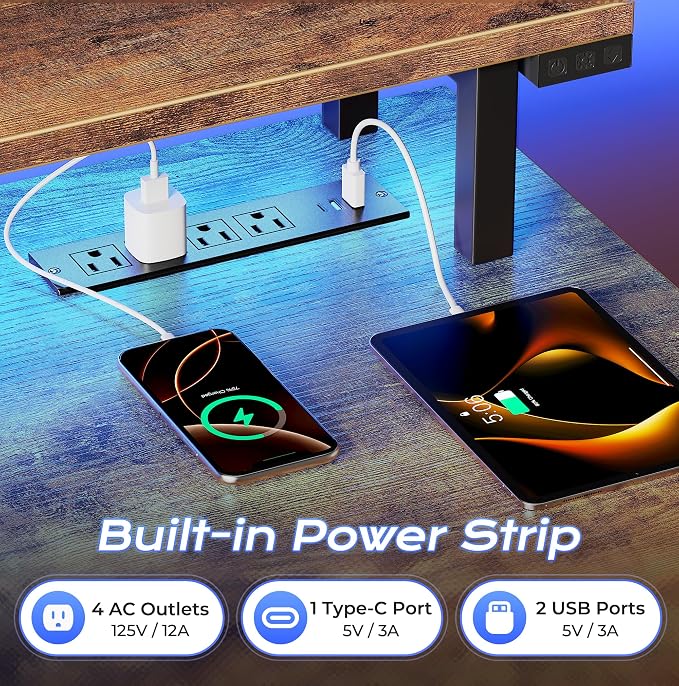 63 inch Gaming Desk, LED & Outlets, Monitor Stand, Rustic Brown | Sturdy PC Desk for Home Office, Study & Work, LED Lights, 4 AC Outlets & USB-C Charging Station