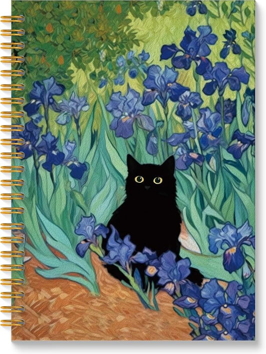 ROXMART Irises Floral Black Cat Spiral Notebook, Black Cat Gifts Journal, Cats Lover Gifts for Women, Abstract Flower Field Kitty Kitten Hardcover Notebook Journal, 5.5x8.3 Inch