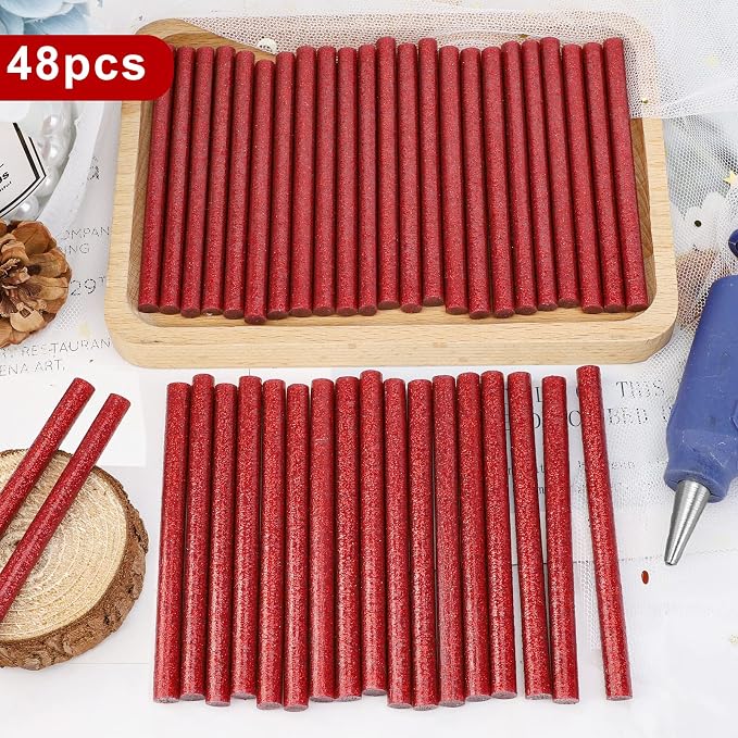 Manarty Glitter Red Hot Glue Stick, 48 PCS 0.27" Dia x 4" Long Mini Hot Melt Glue Sticks Colored, Adhesive EVA Glue Sticks Standard for Sealing Repairing Stamp DIY Art Handmade Car Craft Decoration