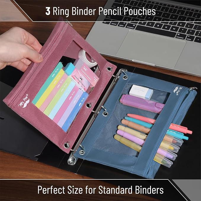 Mr. Pen- Pencil Pouch for 3 Ring Binder, 2 Pack, 10"x6.75", Smooth Zipper | Clear Window, Large Capacity Pencil Case with 3 Reinforced Grommets for School, Office, Supplies Storage | Clear Window, Large Capacity Pencil Case with 3 Reinforced Grommets f...