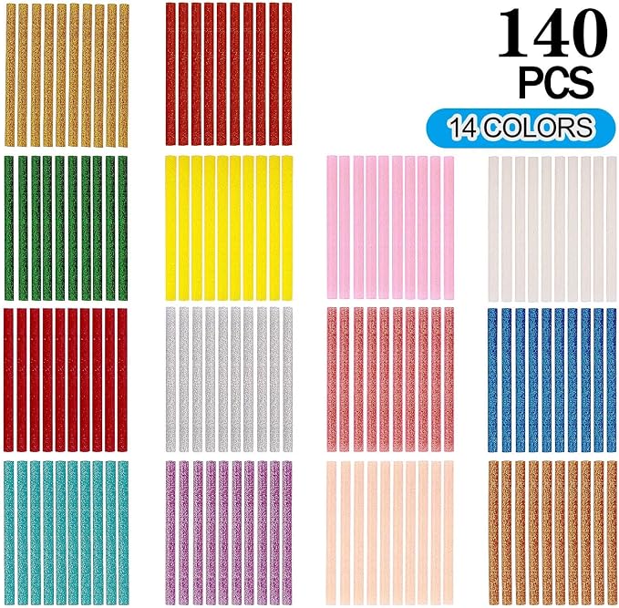 KEILEOHO 140 PCS Colored Glitter Hot Melt Glue Sticks, 14 Colors Mini Glue Sticks, Mini Hot Glue Sticks for Arts Crafts, Home General Repair, Holiday Crafts