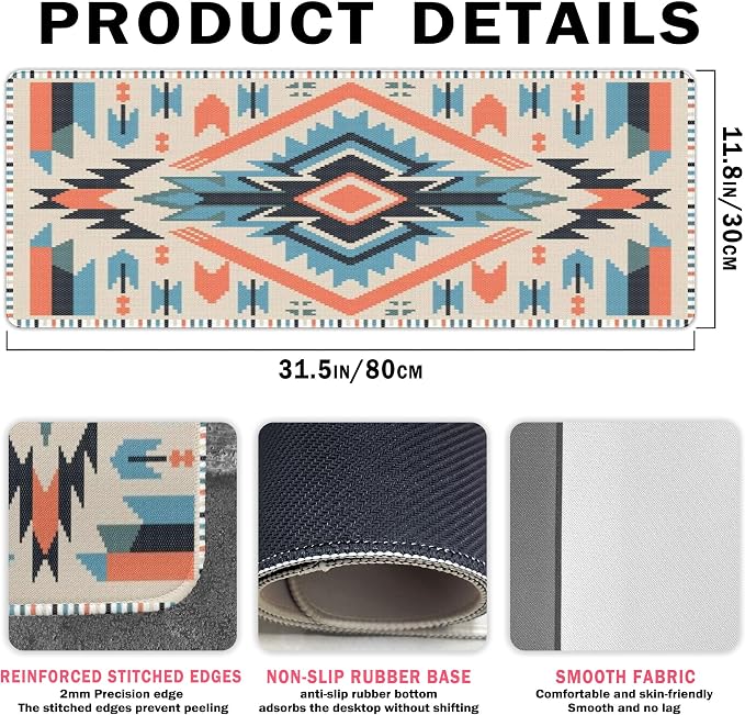 Western Rug Mouse Pads Vintage Southwest Desk Mats for Computers, Retro XL Large Aztec Desk Accessories Office Decor Blue Orange Gaming Full Desks Computer Mat for Women Men 31.5x11.8