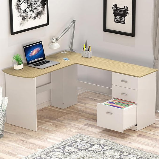 SHW 51 x 59 Inches L-Shaped Home Office Wood Corner Desk with Box Box File Drawers, Oak