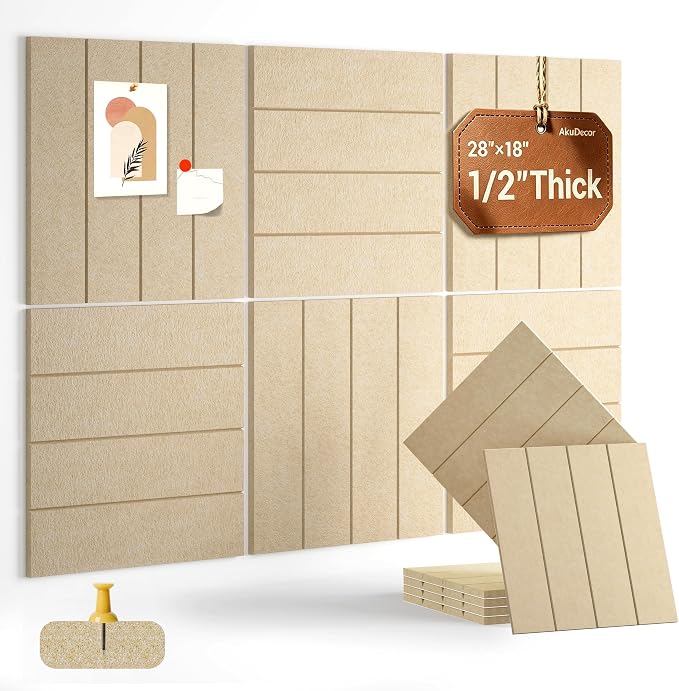 28" x 18" Felt Bulletin Board Tiles 1/2" Thick, Tan | 6 Pack Felt Tiles, Large Cork Board Alternative, 30 Adhesive Tabs, Pin Board for Home Office Decor with Easy Install
