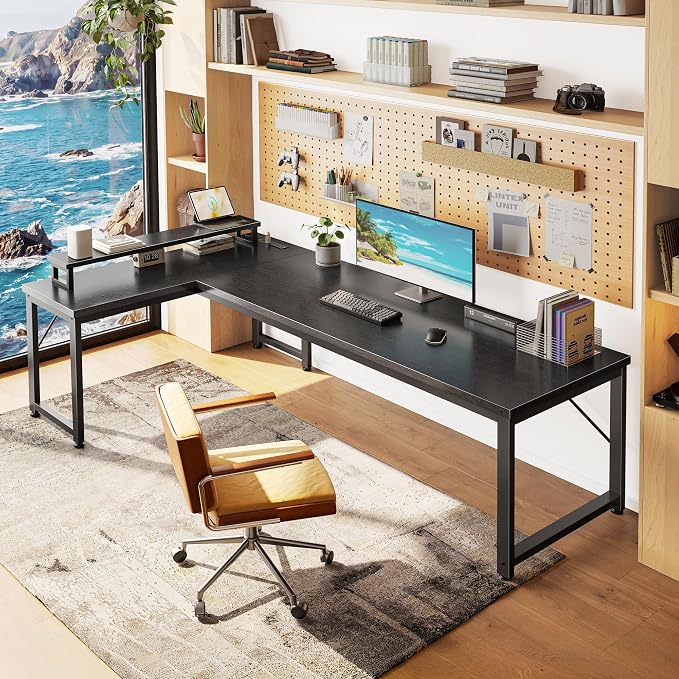 61" L Shaped Computer Desk, Power Outlets, Monitor Stand, Black | USB-C Ports, Reversible Charging Station, Spacious Desktop & Legroom, 0.94 Inch Thick Desktop, for Gaming, Study & Work