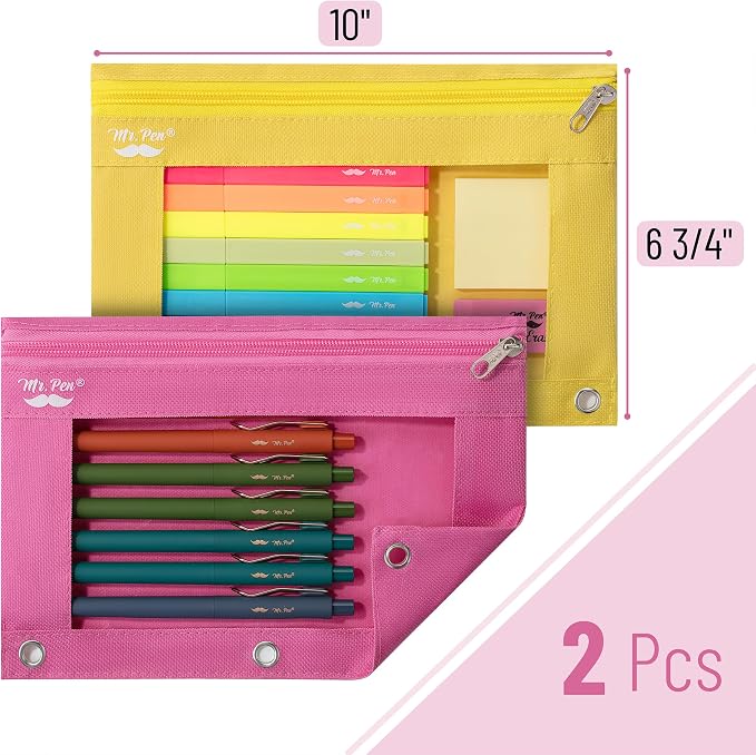 Mr. Pen- Pencil Pouch for 3 Ring Binder, 2 Pack, 10"x6.75", Smooth Zipper | Clear Window, Large Capacity Pencil Case with 3 Reinforced Grommets for School, Office, Supplies Storage | Clear Window, Large Capacity Pencil Case with 3 Reinforced Grommets f...