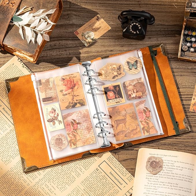 PU Leather A6 Binder 6 Ring Mini Loose Leaf Binder 5.5”x7.5” No Inserts A6 Planner Binder Leather Cover Refillable Journal Cover, Brown Tree