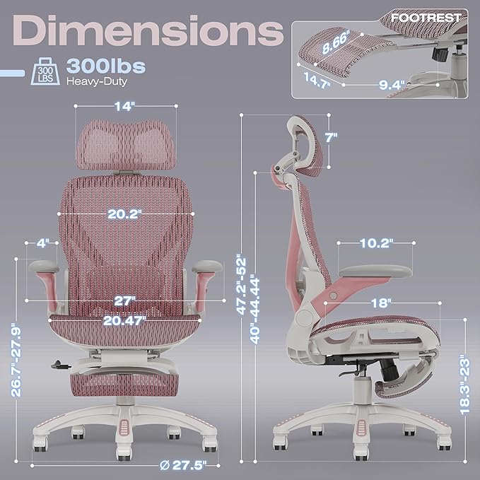 X100 Ergonomic Mesh Office Chair with Footrest, Big and Tall Home Desk Chair with 5D Flip-Up Arms, Adjustable 3D Lumbar Support, Gaming & Executive Computer Chair (Peach Blossom)
