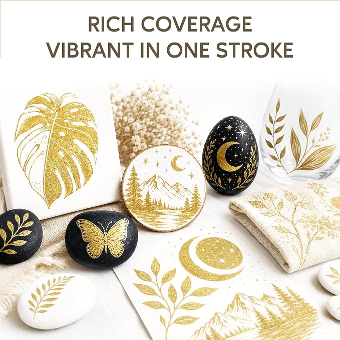 Pagather Gold Acrylic Paint Markers, 12 Dual Tip with Fine Tip and Brush Tip Pens for Fabric, Stone, Wood, Canvas, Ceramic, Metal, Glass, Rock Painting, DIY Crafts
