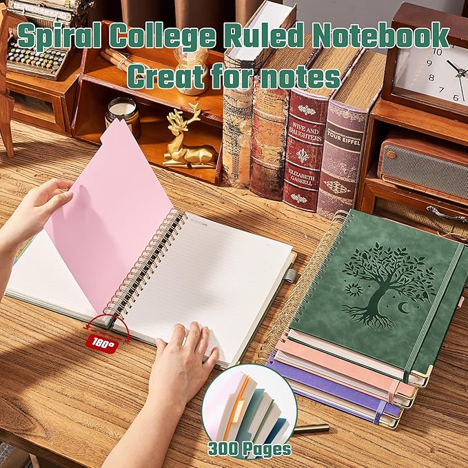 Hardcover Spiral Notebook 8" x 10" with 5 Removable Dividers 300 Pages Leather 5 Subject Notebook College Ruled 100GSM Large Spiral Notebooks for Work Thick Lined Journal for Women, Green