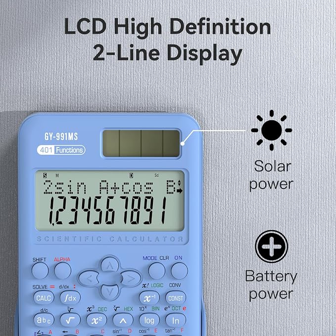 991MS 401 Functions 2-Line Display Desktop Calculator with Sliding Cover | ROATEE Scientific Calculator School Supplies Solar Battery Dual Power Kawaii for Middle High School Student and Teacher Blue