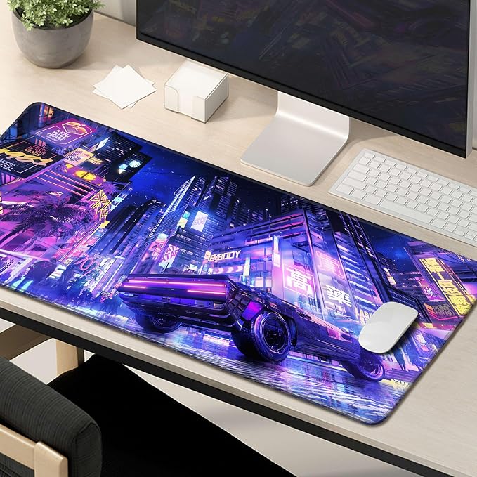 Extended Large Mouse Pad, XL Gaming Mousepad 31.5 x 11.8 Inch,Full Desk Keyboard Mat with Stitched Edges Big Computer Keyboard Desk Pad for Gaming Office, Futuristic Neon City