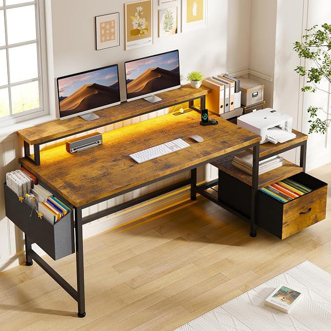 EnHomee 56.5" Office Desk with Drawers & Printer Space for Home Work,Brown | Computer Desk with 3 AC Outlets& 2 USB Ports,40"*7" Long Monitor Stand,Side Pockets with Storage Space,Home Office,Bedroom